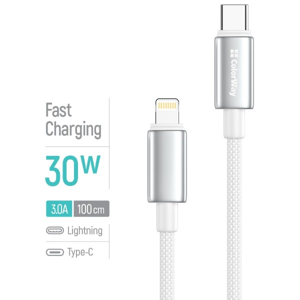 Фото - Кабель Colorway Type-C - Apple Lightning (zinc alloy braided) (PD Fast Charging 30W) 1м White (CW-CBPDCL098-WT)